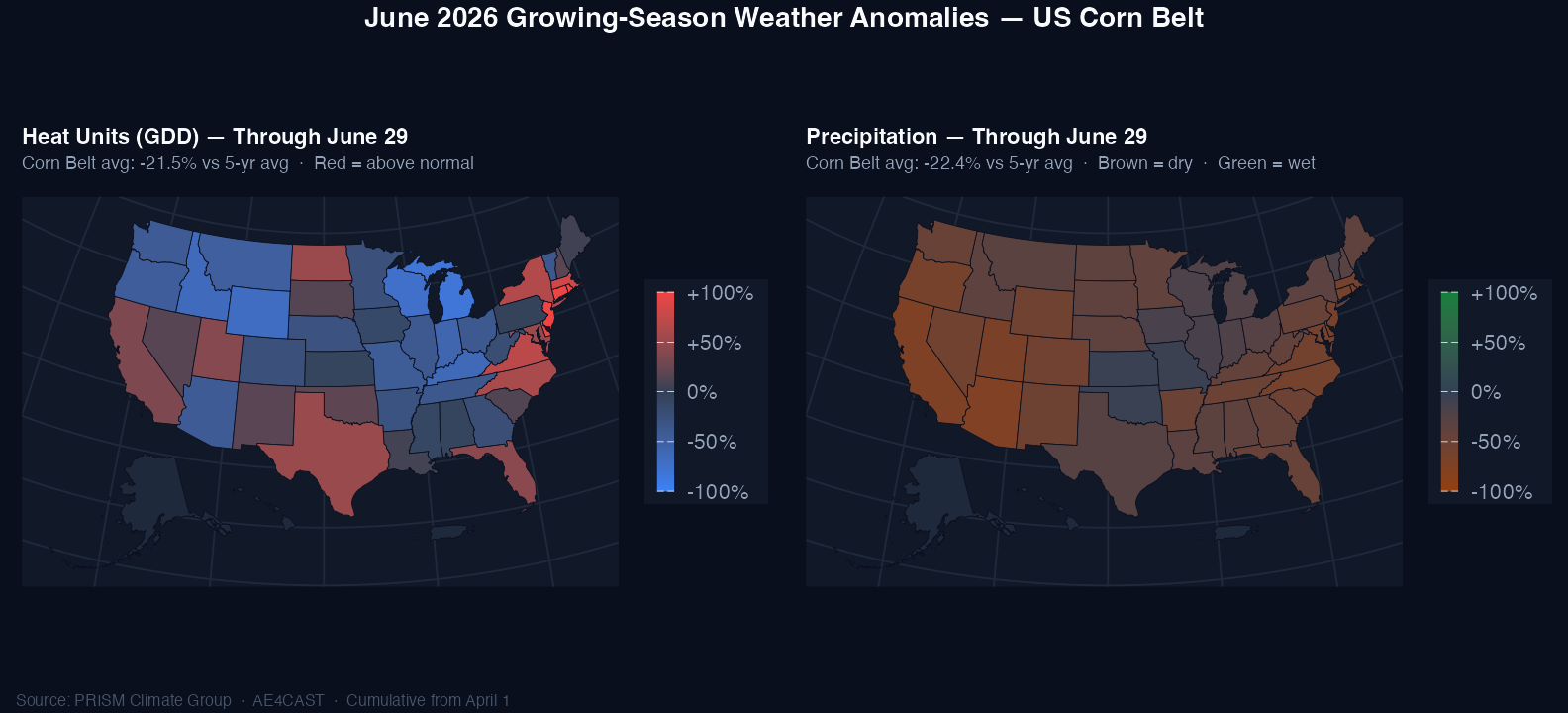 June 2026 weather anomaly maps — heat units and precipitation deviation by state